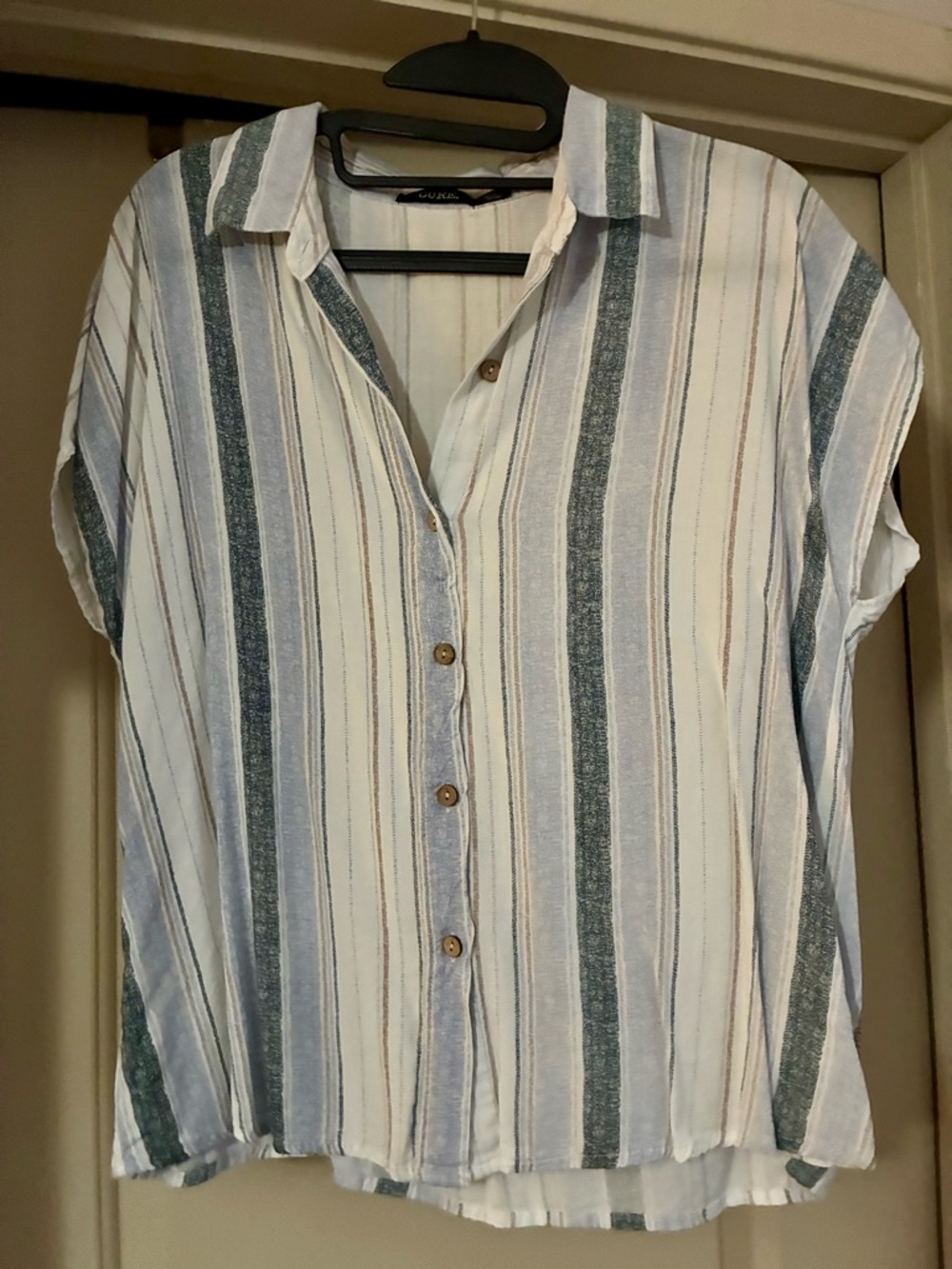 Striped Short-Sleeve Button-Down Shirt in Blue, Green & White
